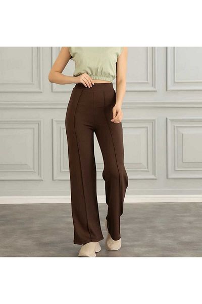 NEVEGE BUTİK Women's Knitted Fabric Lyclary Tight Collocative Palazzo Pants-Brown