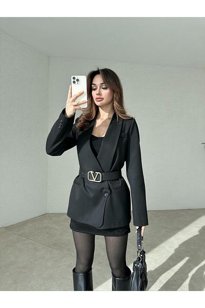 BUTİK ELAJ Women's Black Polyviscon Shalyaka Blazer Jacket