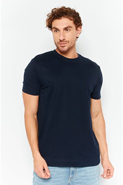 Esprit تي شيرت رجالي سادة بأكمام قصيرة ورقبة دائرية، أزرق داكن
