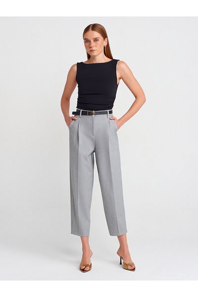 Dilvin 71533 Belted Carrot Fit Trousers-Gray