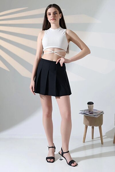 NO979 Fusta mini plisată cu talie înaltă, neagră, cu fermoar, de bază