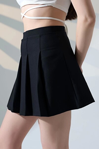 NO979 Fusta mini plisată cu talie înaltă, neagră, cu fermoar, de bază