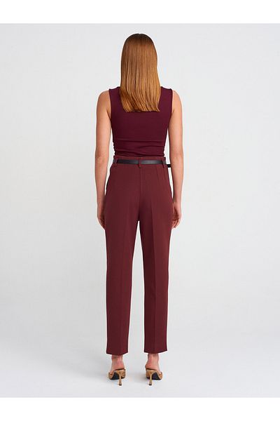 Dilvin 71614 High Waist Pants with Belt-Burgundy