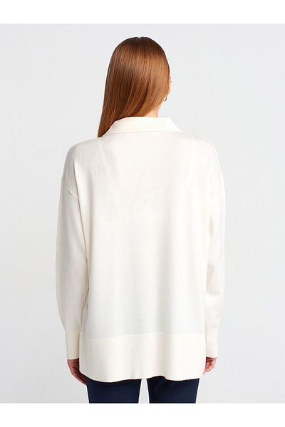 Dilvin 10715 Ecru Thin Knitwear Sweater with Polo Collar and Buttons