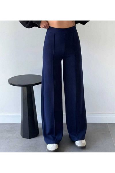 NEVEGE BUTİK Women's Knitted Fabric Licra Tight Packing Palazzo Pants-Dark Blue