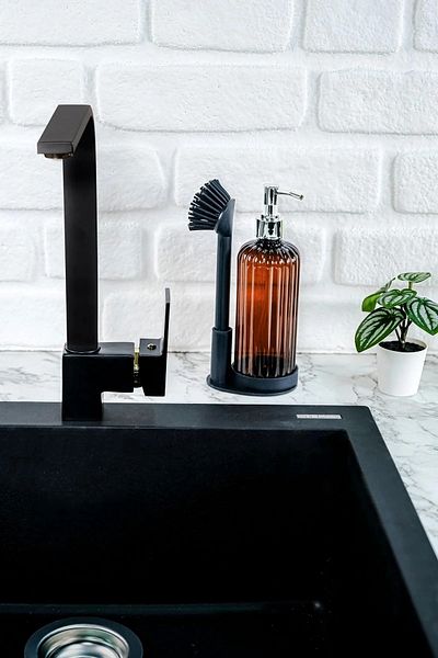 LEON LİFE Amber Liquid Soap Dispenser Set με μαλακή βούρτσα σιλικόνης - Δοχείο απορρυπαντικού πιάτων