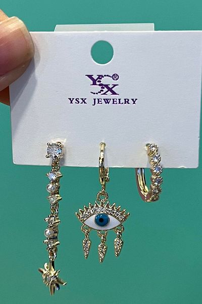 TAKIŞTIR مجموعة من 3 أقراط YSX مع تفاصيل حجرية على شكل عين ذهبية اللون