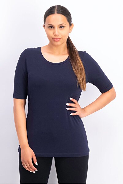 Tchibo بلوزة نسائية سادة بأكمام قصيرة ورقبة دائرية، أزرق داكن