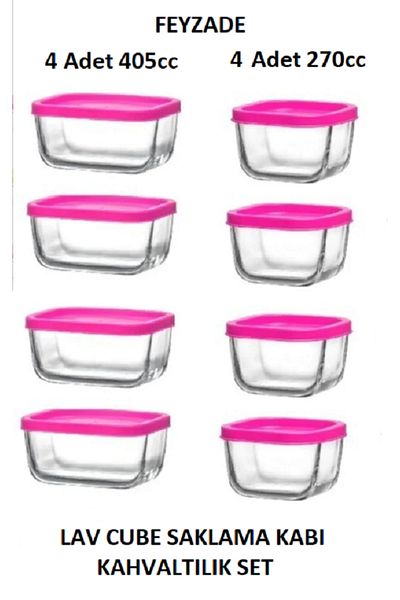 LAV Feyzade Cube Breakfast Storage Container Set with Pink Lid (4 Pcs 405Cc - 4 Pcs 270Cc)