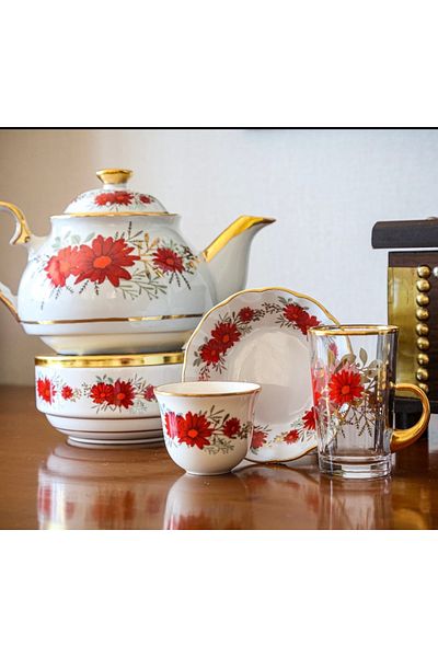 DUKKANI ISTANBUL Tea and Coffee Set 20 Pieces Red Daisy