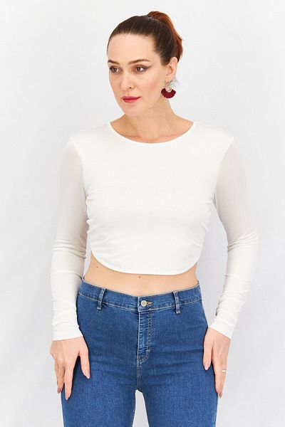 NA-KD Women Round Neck Long Sleeve Solid Crop Top, White