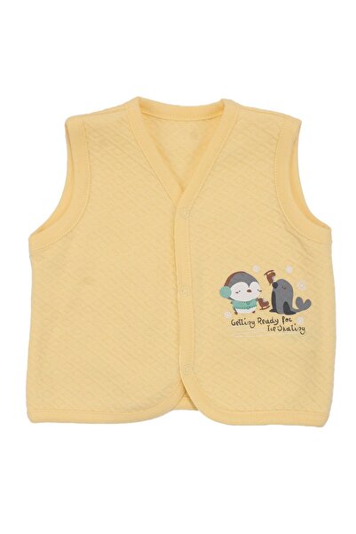 bebegen Unisex Baby Yellow Quilted Penguin Patterned Snap Fastener Combed Cotton Vest