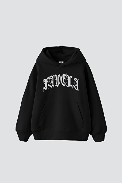 Bak Moda Favela Stone Štampano Oversize kroj Unisex crna majica sa kapuljačom