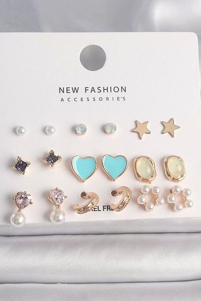 Clariss Brass Gold Color Zircon Stone Pearl Flower Blue Heart Figure 9 Pair Women Earrings Set