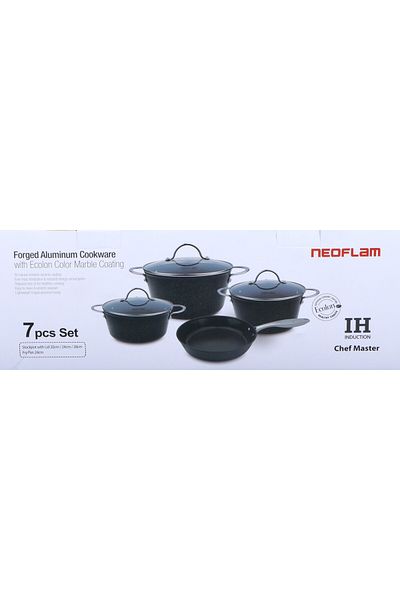 NEOFLAM Chef Master,Set7pcs,INDUCTION,Forged Aluminum,Ecolon coating,Pots20,24,28cm+Fry24cm,Black Marble