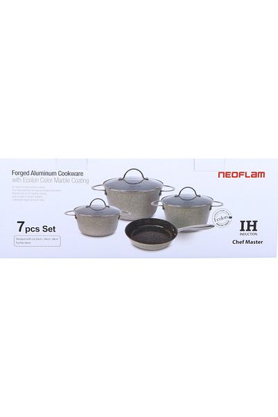 NEOFLAM Chef Master,Set7pcs,INDUCTION,Forged Aluminum,Ecolon coating,Pots20,24,28cm+Fry24cm,Warm Marble