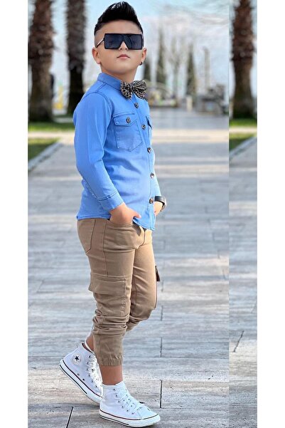Riccotarz Boy's Cover Pocket Jean Shirt Cargo Pocket Detailed Elastic Pants Bow Tie Bottom Top Set