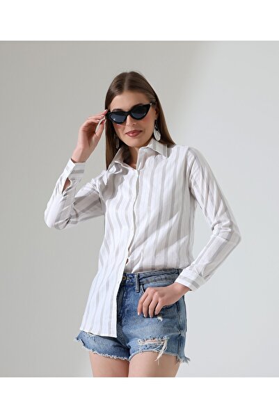Moda Monisa Women's Stripe Shirt - White & Stripe Pattern, Woven Fabric, Comf...