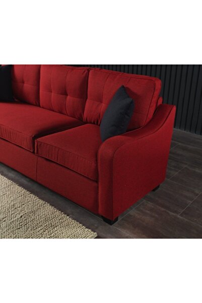 Meşe Home Plus Kılıflı Torba Yaylı Keten Kumaş Fonksiyonel Üçlü Kanepe Koltuk Kırmızı