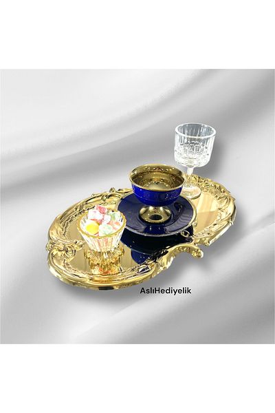 Aslı Hediyelik 2 Pieces Gold Stainless Steel Artnova Embroidered Pattern Tea, Coffee, Catering and Dowry Presentation Tray