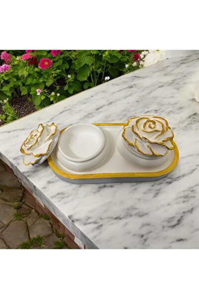 PULCA SHOP Gül Motifi Kapaklı Lokumluk Tepsi Servis Sunum Seti 3 parça