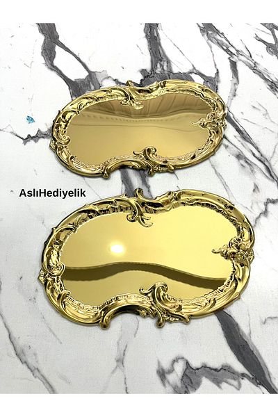 Aslı Hediyelik 2 Pieces Gold Stainless Steel Artnova Embroidered Pattern Tea, Coffee, Catering and Dowry Presentation Tray