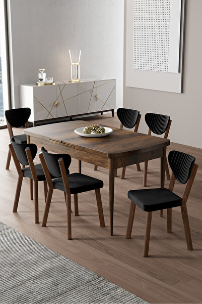 Canisa Exve Serisi 80x132 Açılabilir Barok Ahşap Desen Masa Takımı ve 6 Siyah...