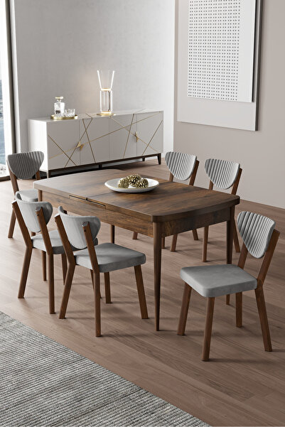 Canisa Exve Serisi 80x132 Açılabilir Barok Ahşap Desen Masa Takımı ve 6 Gri S...