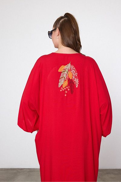 AGORATEKSTİL Women's Viscose Fabric V Neck Feather Embroidery Loose Shirt Dress