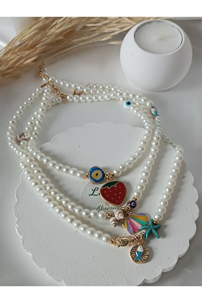 La fee aksesuar Çilek & Nazar Boncuğu & Inci Kolye Özel Tasarım El Yapımı Hed...