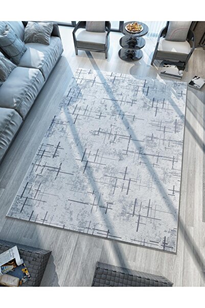 Pixel Kaymaz Tabanlı Dijital Baskılı Modern Desenli Antialerjik Yıkanabilir Gri Dekoratif Halı