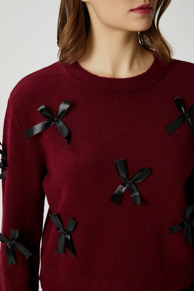 Ritnice Women's Valery Soft Texture Ribbon Bow Detailed Burgundy Knitwear Sweater