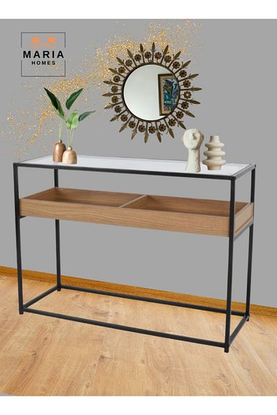 MARIA HOMES Modern Console Table with Metal Frame, Wooden Drawer, and Glass Top - Elegant Home Furniture