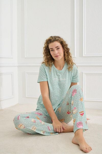 MEBA Set de pijamale din lycra pentru femei, cu mânecă scurtă, cu textura moale, din jerseu simplu, turcoaz