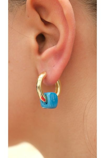 Jerie Gold Blue Glass Bead Detail Curved Hoop Earrings