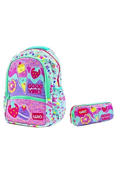 Wia Pink Girls Ice Cream Printed Double School Bag Set - Backpack and Pen Holder