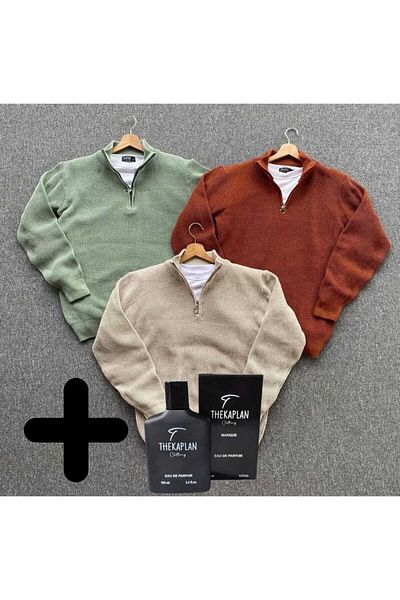Gameyal 3-Piece Half Zipper Collar Knitwear Sweater with Perfume Gift