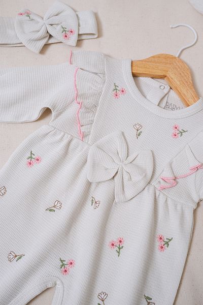 BABYLİM Baby Girl Tulip Embroidered 100% Cotton Bandana Romper Set