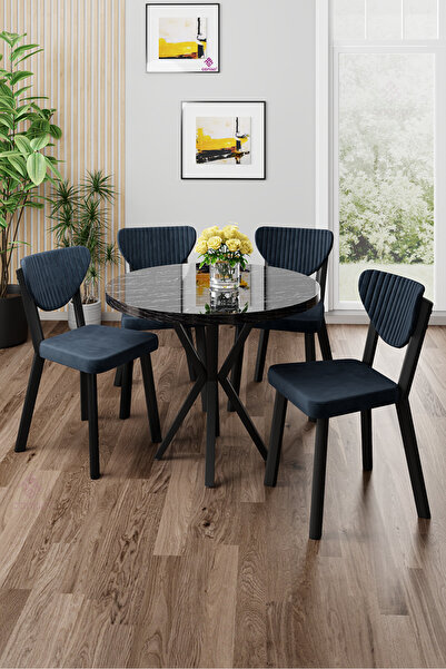 Canisa Agnes Serisi 90x90 Yuvarlak Siyah Mermer Desen Masa Takımı ve 4 Antrasit Sandalye
