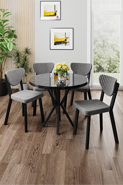 Canisa Agnes Serisi 90x90 Yuvarlak Siyah Mermer Desen Masa Takımı ve 4 Gri Sandalye