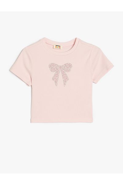 Koton Cotton Crew Neck Short Sleeve Bow Printed Crop T-Shirt