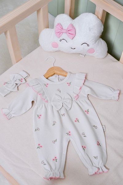 BABYLİM Baby Girl Tulip Embroidered 100% Cotton Bandana Romper Set