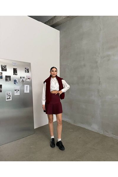NEW JOURNAL Fusta mini plisată din țesătură burgundă pentru femei Nwj-etk- 258032