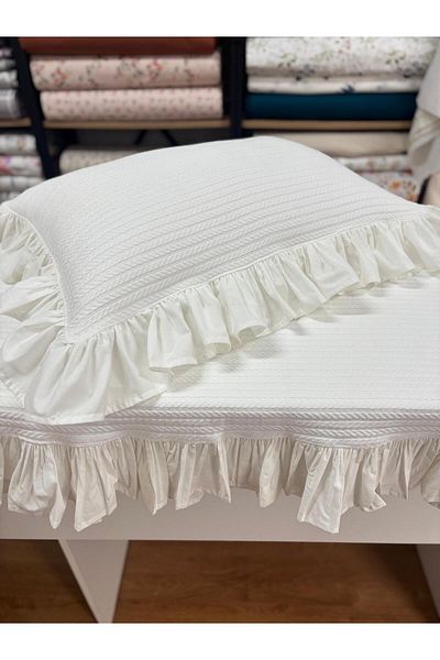 GAYE EV TEKSTİLİ Single - 100% Cotton Oeko-Tex Certified Pillow Cover with Pique and Ruffle Detail