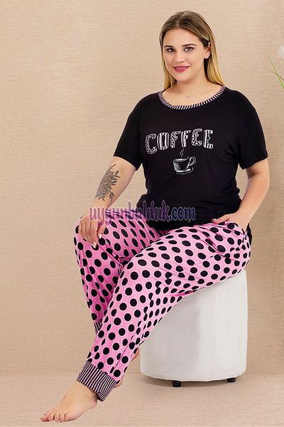 quilling Women's Cotton Large Size Materni Pajamas Set with Pink - Black Color and Polka Dot Pattern - 11004