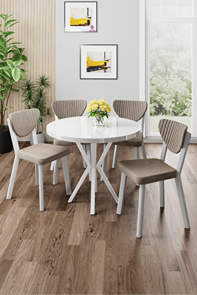 Canisa Agnes Serisi 90x90 Yuvarlak Beyaz Masa Takımı ve 4 Cappucino Sandalye