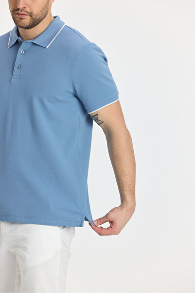 Frappoli Ricos Erkek Slim Fit Blue %100 Pamuk Çekmeyen Kumaş Yaka Detaylı Polo Yaka Tişört