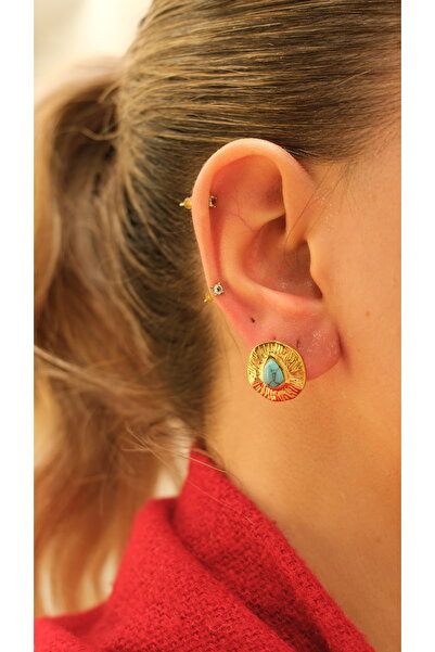 Jerie Gold Vintage Görünüm Damla Renkli Taş Detay Çelik Küpe