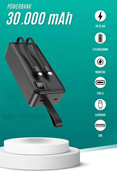 QAP 30.000 Mah Powerbank Gerçek Kapasiteli 22.5 Watt Süper Hızlı Dijital Göst...