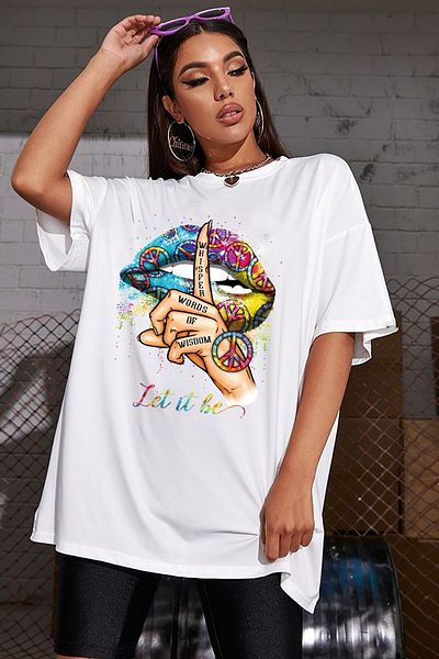 Relax family xf Tricou alb oversize pentru femei - imprimeu pe buze